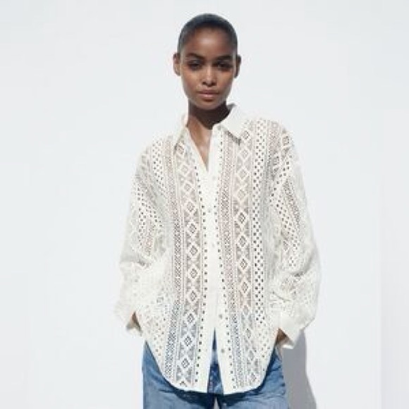 Zara Tops - Zara White Crochet Lace Button-Down Shirt
